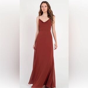 Jenny yoo Designer Colby gown Rust luxe chiffon drape neck sleeveless maxi
